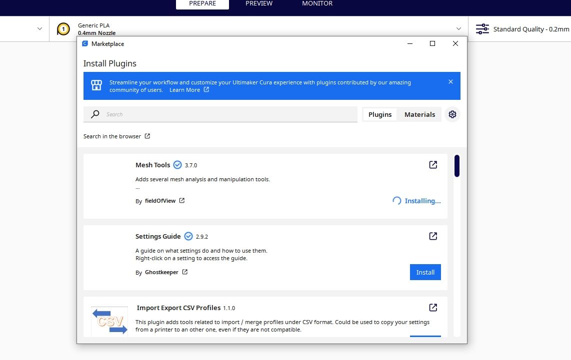 An option to install mesh tools plugin to cura