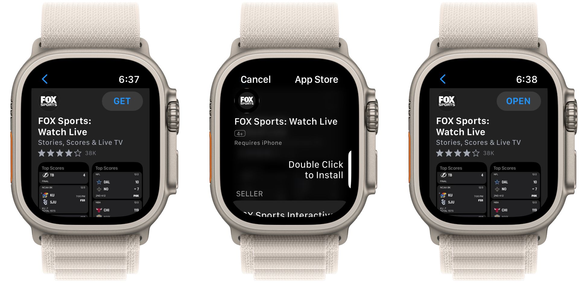 Процесс установки приложения через App Store на Apple Watch.