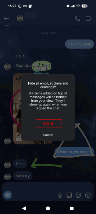 Подтверждение удаления всех рисунков и стикеров в DM Instagram на Android