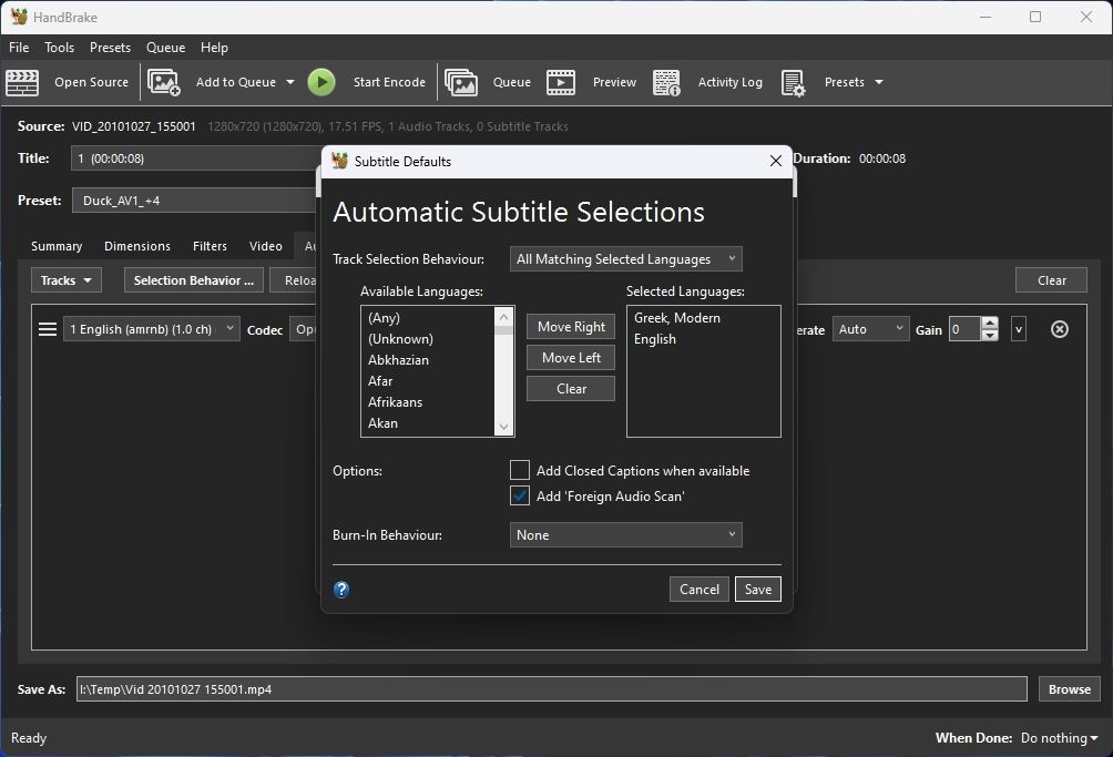Выбор языков субтитров и режимов в HandBrake