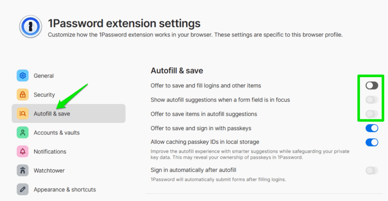 Disabilitare autocompletamento in 1Password