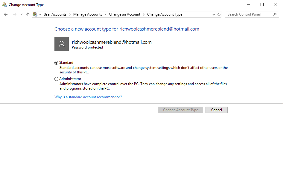 Список учетных записей в Панели управления
