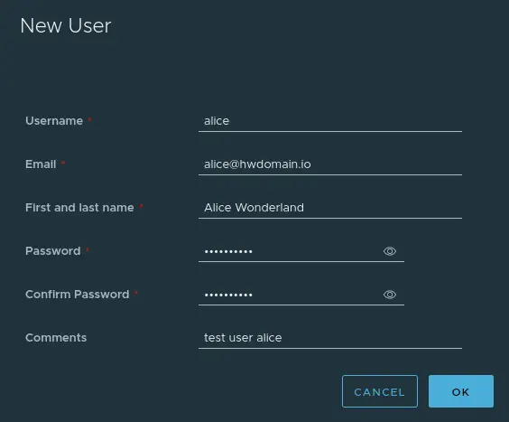 Детали нового пользователя alice