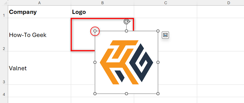 Canto superior-esquerdo de uma imagem flutuante posicionado sobre a célula B2.