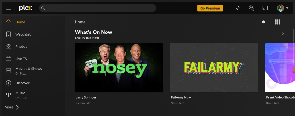 Plex dashboard on the web displaying the most popular media and other controls