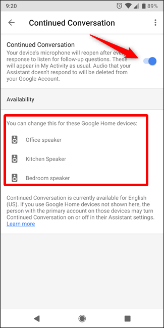 Подтверждение включения Continued Conversation в приложении