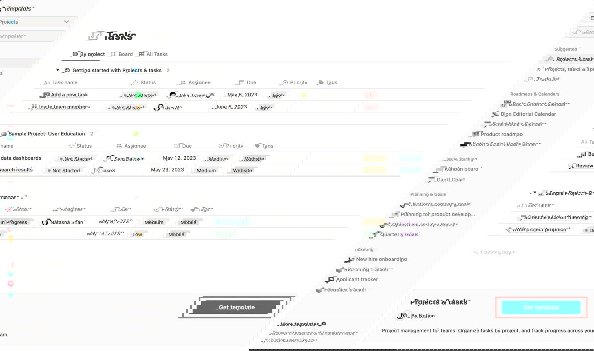Кнопка получения шаблона Projects and Tasks