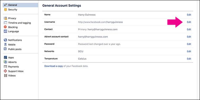 Кнопка Редактировать имя пользователя в настройках
