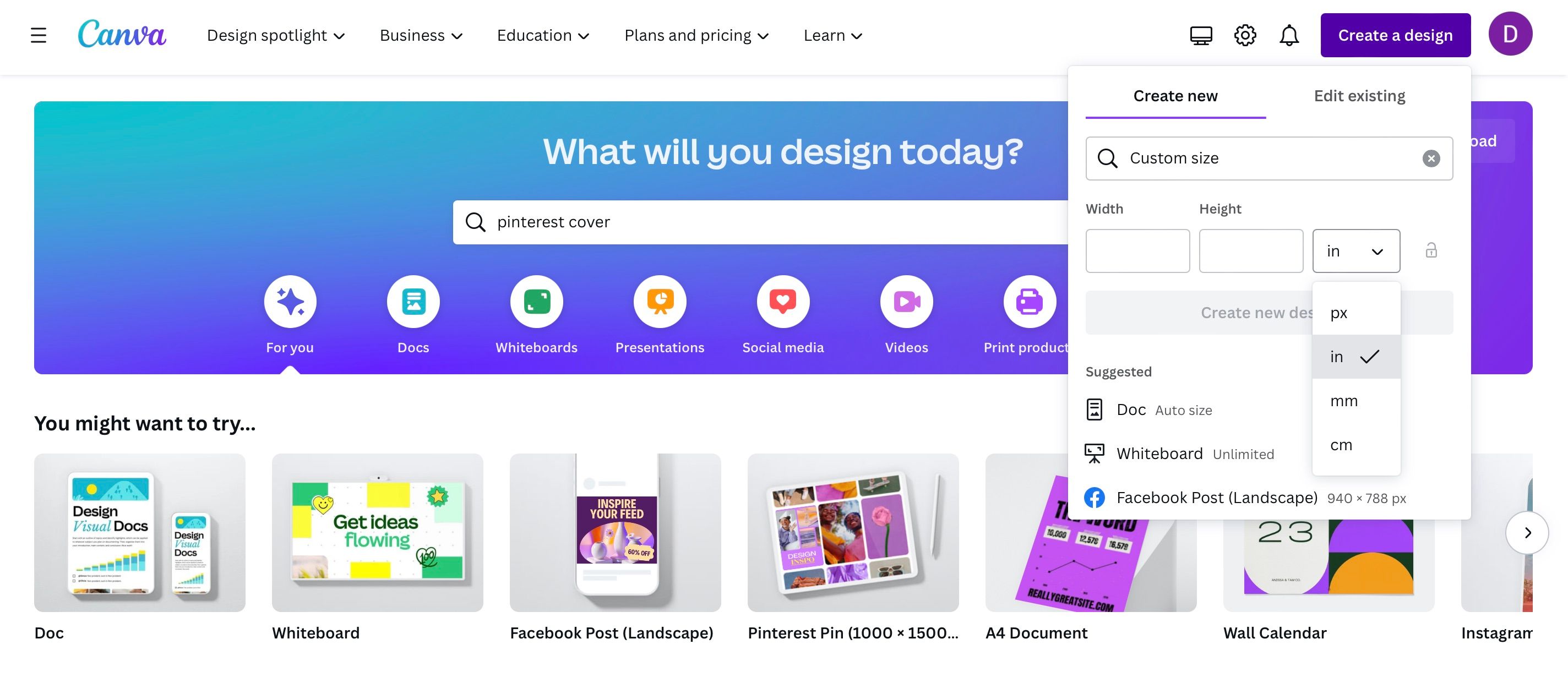 Выбор единиц измерения и размеров в Canva