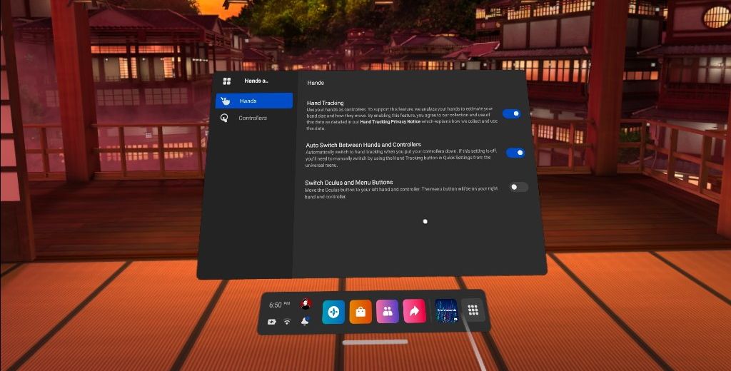 Опции отслеживания рук Oculus Quest