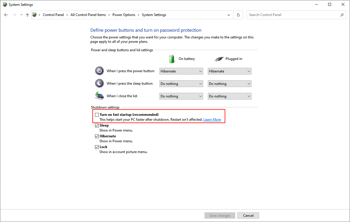 Отключение быстрого запуска Windows 10