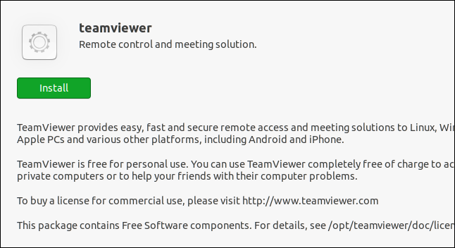 Приложение Ubuntu Software с опцией установки TeamViewer