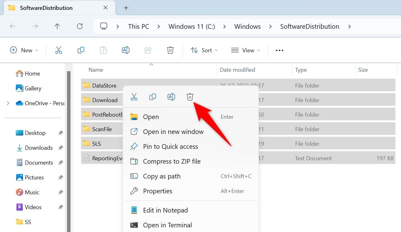 Папка кэша Центра обновления с выделенной опцией Удалить