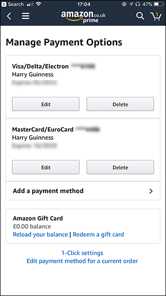 Пример списка карт в мобильном приложении Amazon