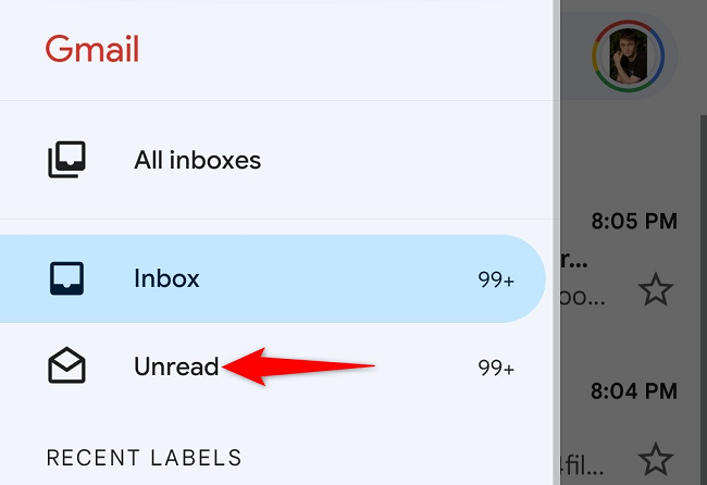 Вкладка Непрочитанные в мобильном Gmail