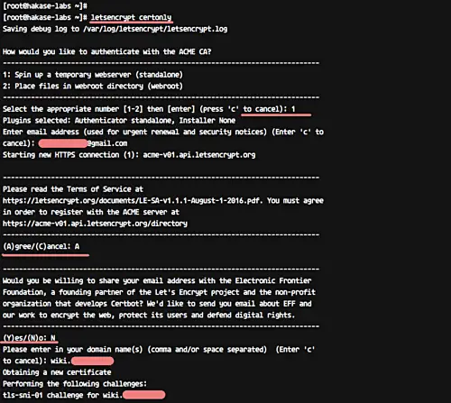 Captura interativa do letsencrypt solicitando detalhes de domínio e e-mail