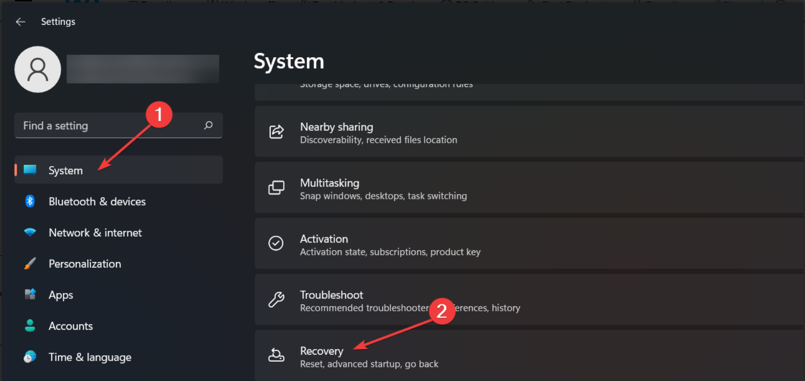 Раздел 'Восстановление' в параметрах Windows