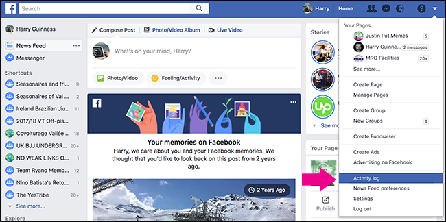 Переход в Журнал действий Facebook