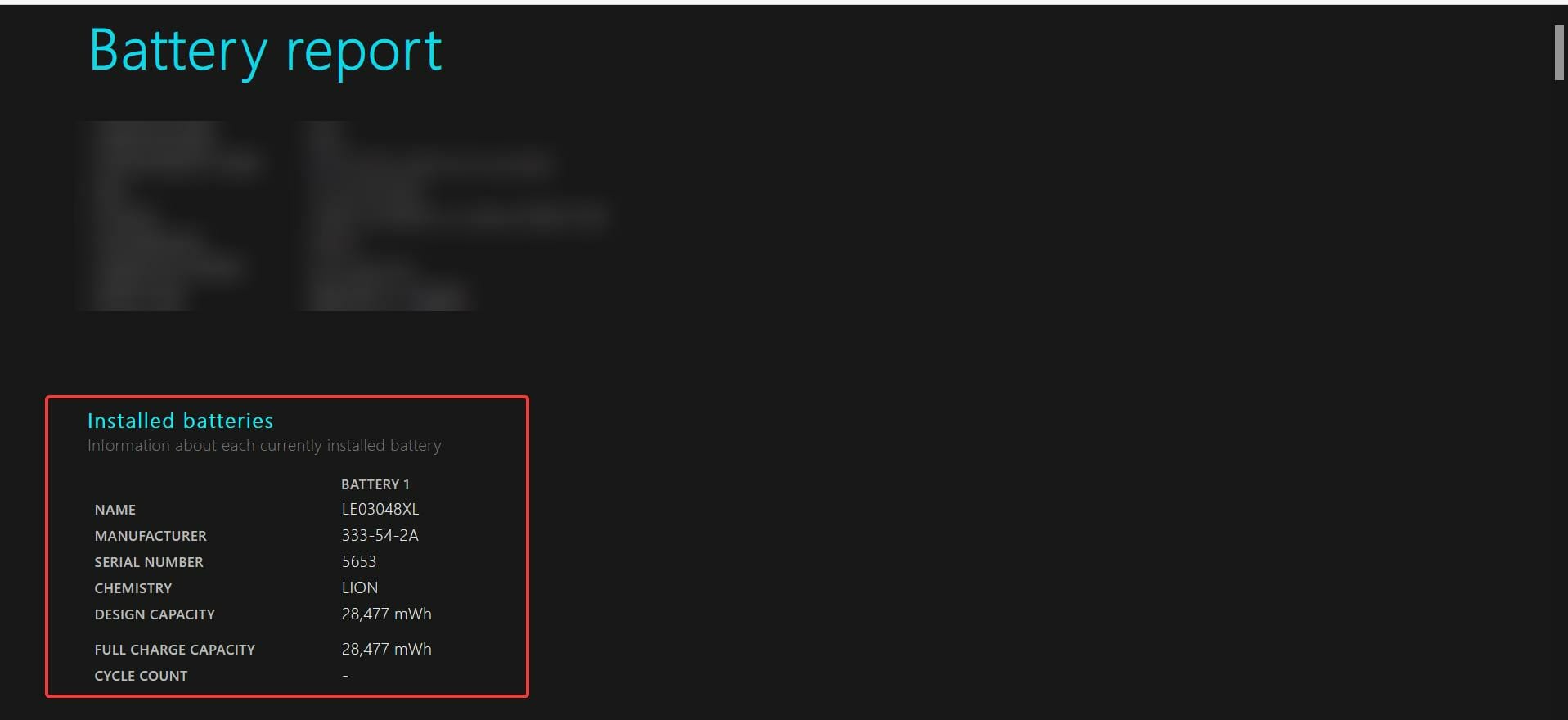 Пример раздела отчёта о батарее с указанием ёмкости и циклов