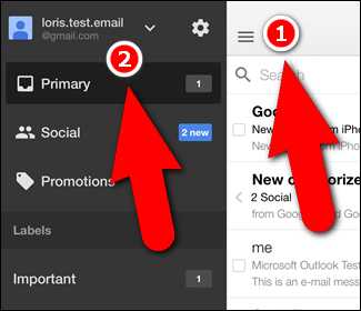 Выбор аккаунта в меню Gmail