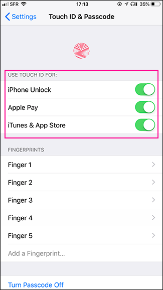 Экран: выключаем все опции использования Touch ID/Face ID
