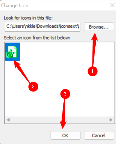 Нажмите «Обзор», выберите значок и нажмите «OK».