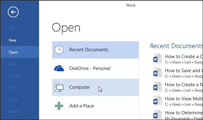 Выбор «Компьютер» или «OneDrive» в окне открытия файла