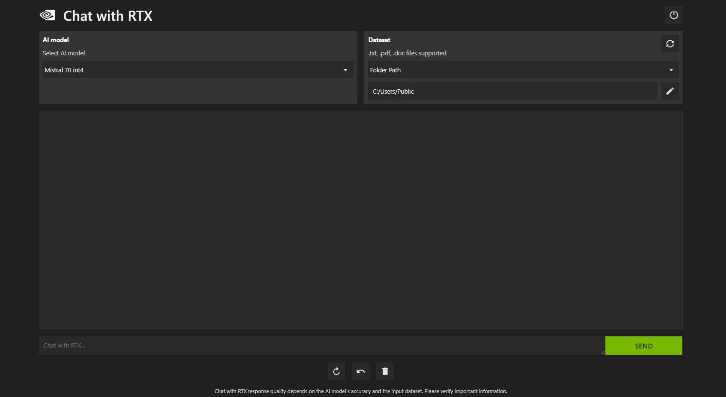 Интерфейс Chat with RTX: выбор Dataset и путь к папке