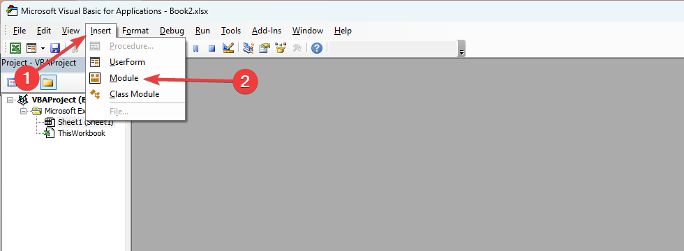 Вставка модуля в редакторе VBA