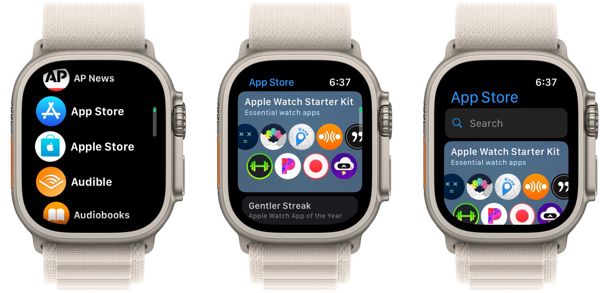 App Store на Apple Watch — главный экран магазина приложений.