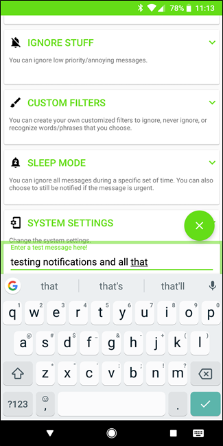 Ещё один скриншот тестового уведомления и панели управления