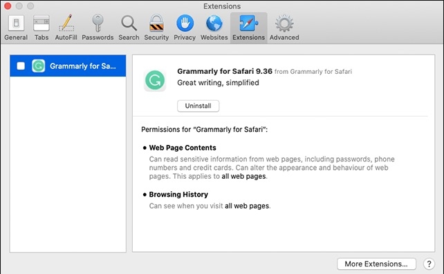 Captura: extensiones del navegador en macOS
