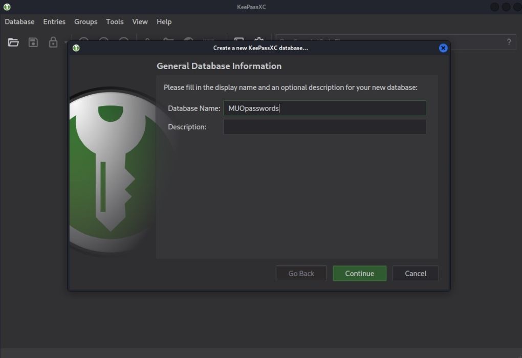 Экран для задания имени базы данных в KeePassXC