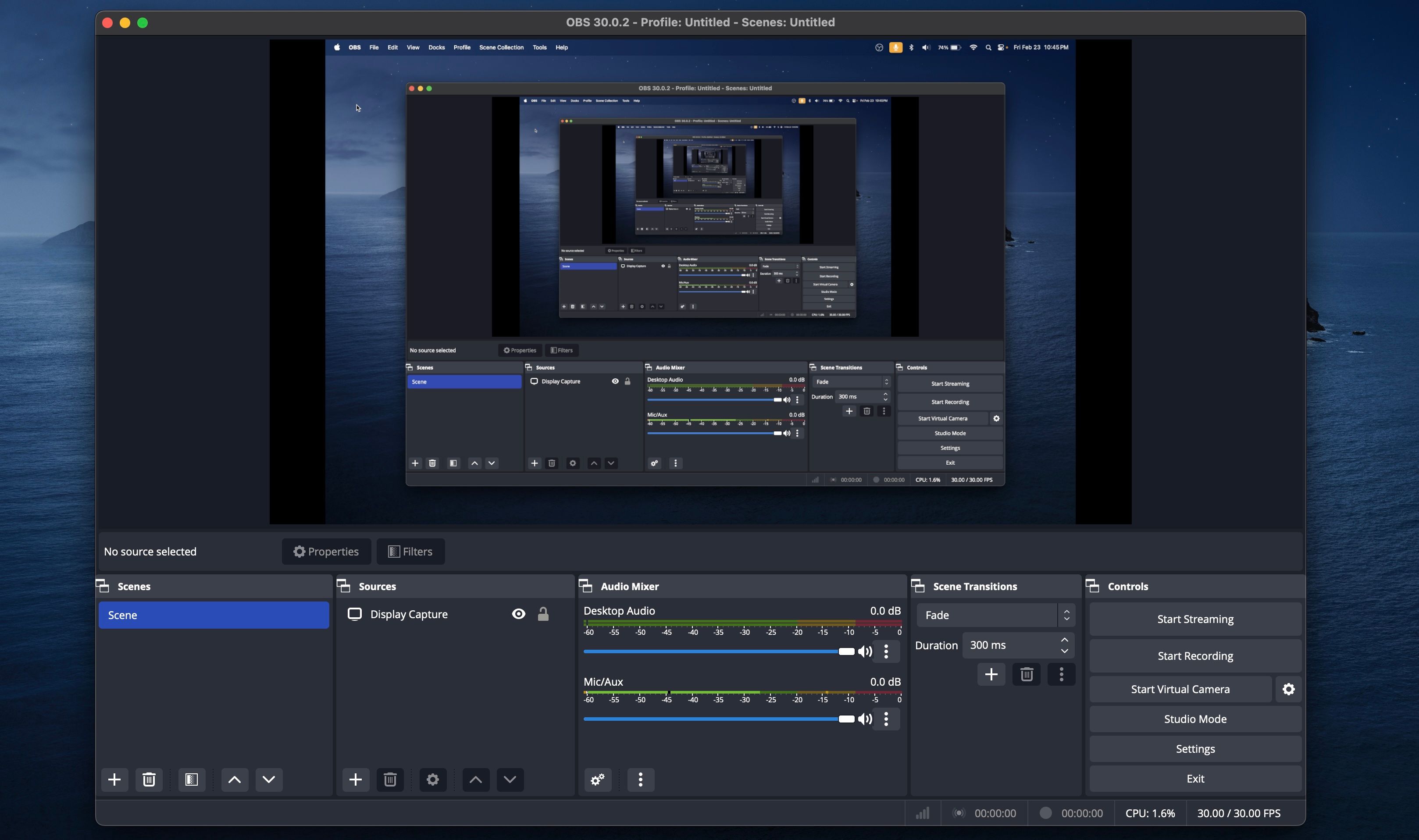 Интерфейс OBS Studio на Mac