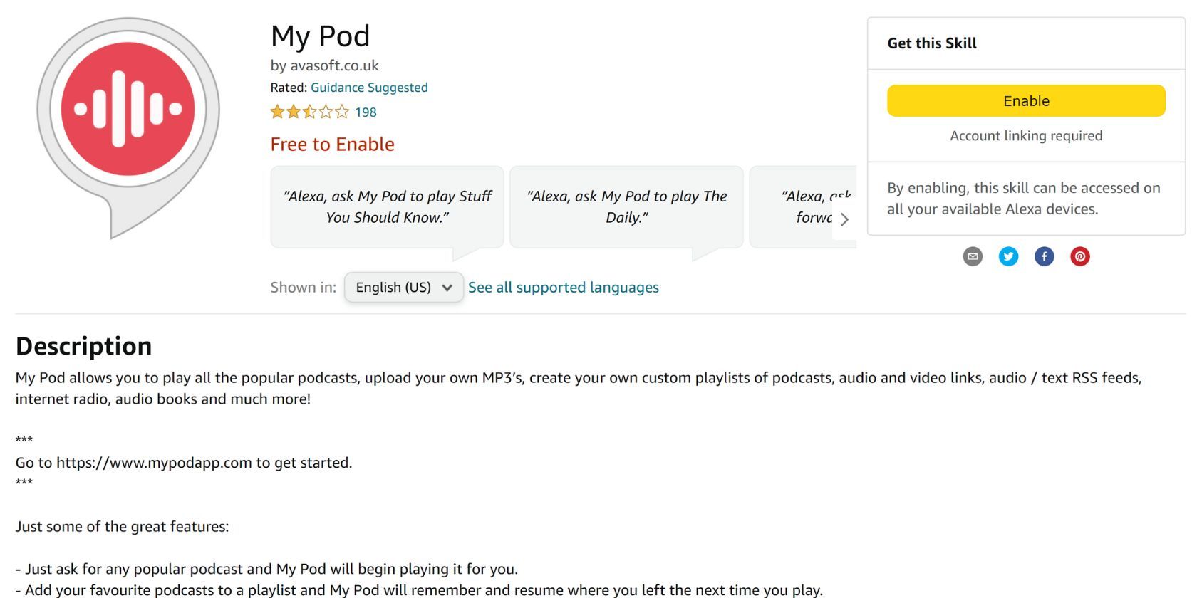 my pod alexa skill details page