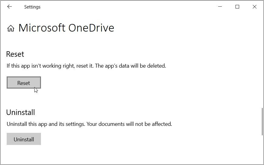 Сброс приложения OneDrive в параметрах Windows