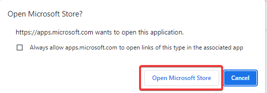Подтверждение 'Open Microsoft Store' в диалоге Windows