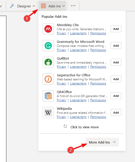 Окно добавления надстроек в Office 365: пример неактивного пункта и инструкция сохранить документ