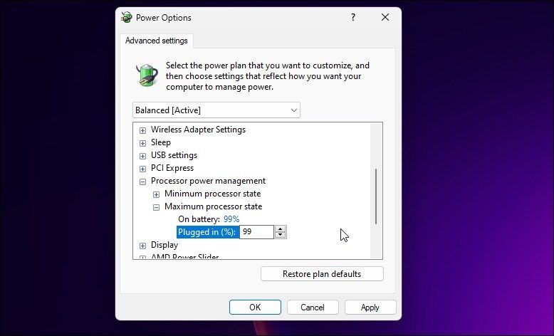 Параметр Maximum processor state установлен на 99%