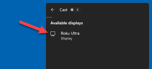 Выбор Roku в списке доступных устройств Windows