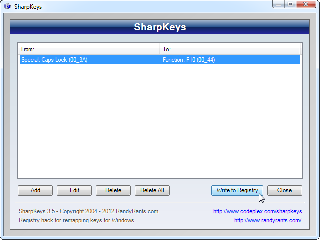 Кнопка записи в реестр в SharpKeys