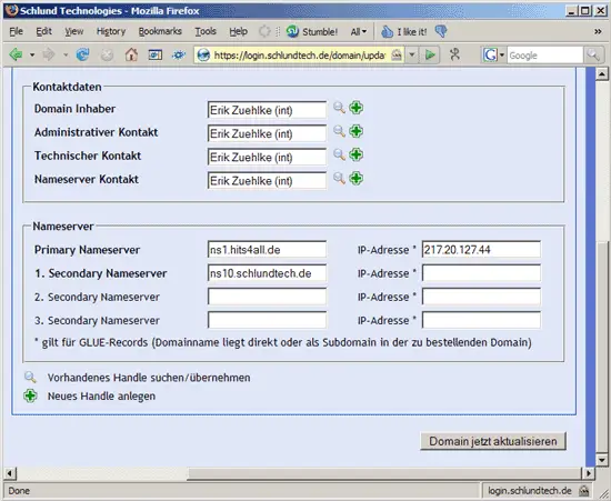 Форма для указания primary nameserver и IP для glue