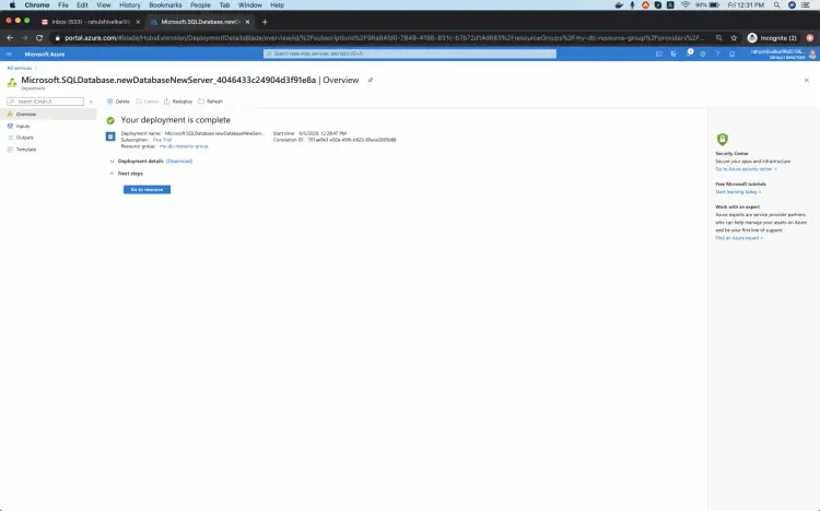 Список ресурсов в ресурсной группе: SQL Server и SQL Database