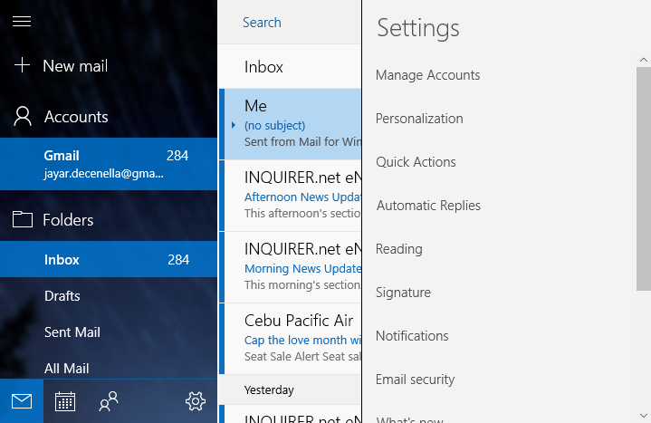 Скриншот значка настроек (шестерёнки) в приложении Почта Windows 10