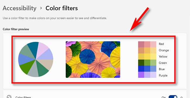 Preview color filters using the color filter preview area near the top of the settings page.