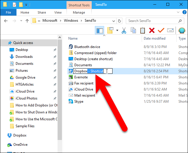 Переименование ярлыка Dropbox