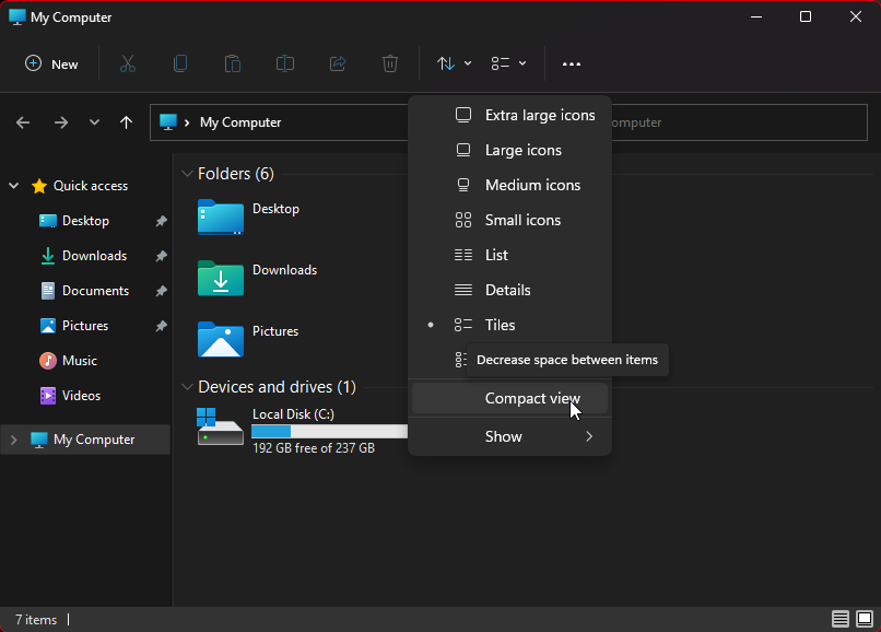Скриншот: пункт меню 'Компактный вид' в Проводнике Windows 11