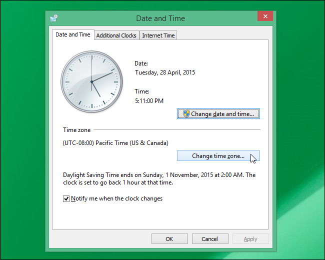 Диалог Изменение часового пояса