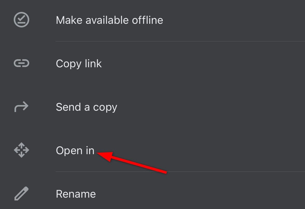 Открытие файла через опцию стороннего приложения в Drive на iPhone.