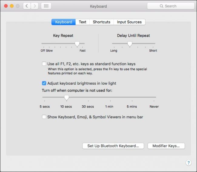 Параметр использования F1–F12 как стандартных клавиш в настройках macOS
